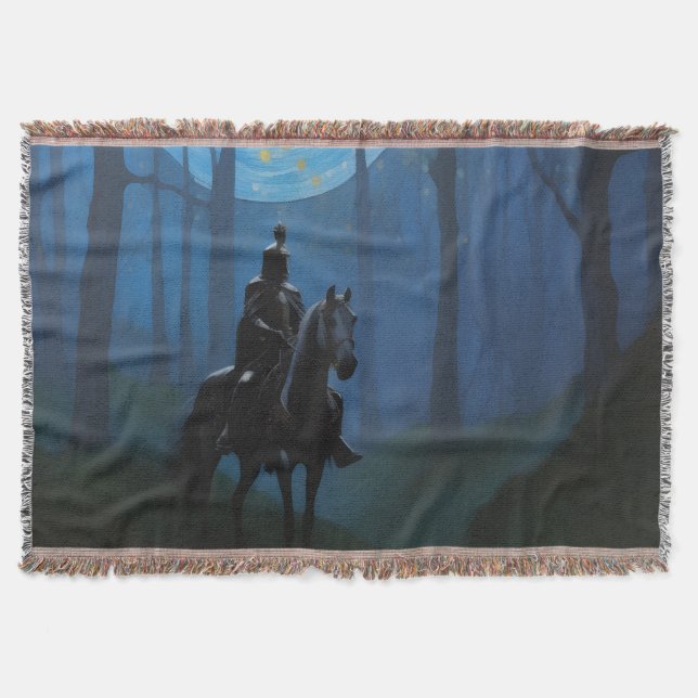 Mysterious Black Knight in the Moonlit Forest Throw Blanket (Front)