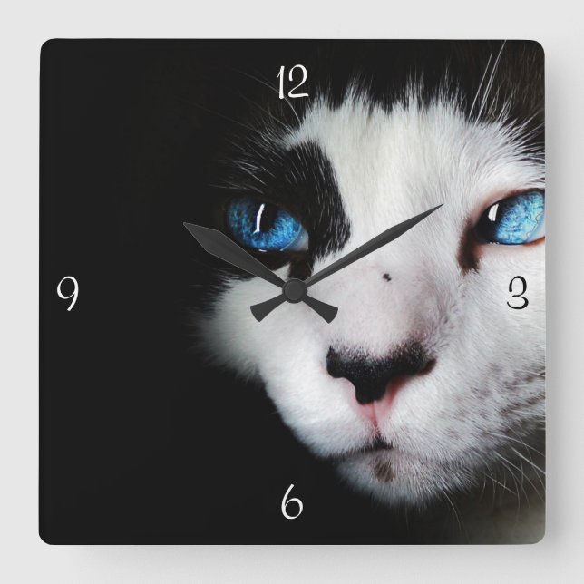 Mysterious Blue Eyed Tuxedo Cat Clock (Front)