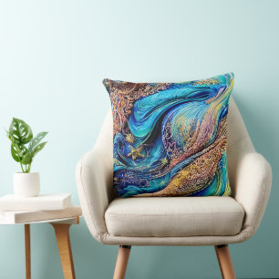 Mysterious Blue Waves Swirls Hidden Eye Abstract Cushion