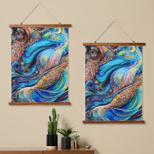 Mysterious Blue Waves Swirls Hidden Eye Abstract Hanging Tapestry