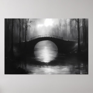 Mysterious Bridge Over Serene Waters – Monochrome Poster