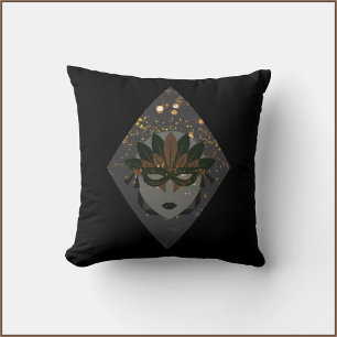 Mysterious Bronze & Black Glitter Mask Mardi Gras Cushion