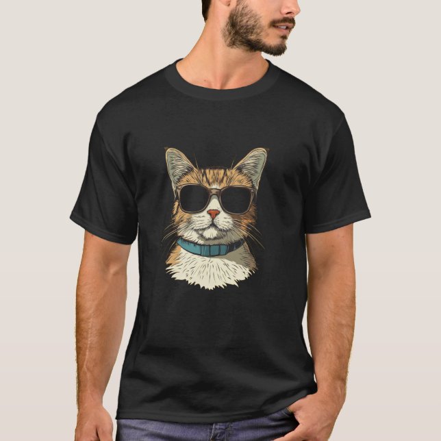 Mysterious Cat with Empty Shades Statement T-Shirt (Front)