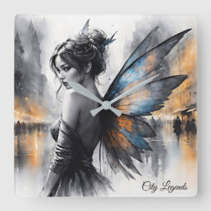 Mysterious fairy misty city glowing ethereal wings square wall clock