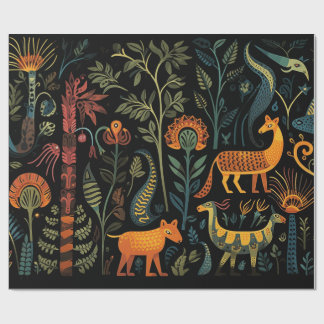 Mysterious fantasy animals on black wrapping paper