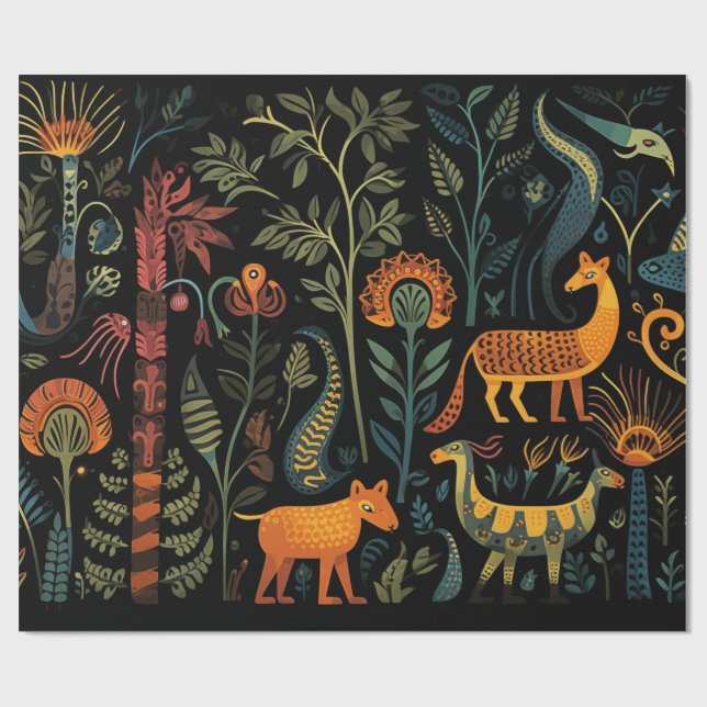 Mysterious fantasy animals on black wrapping paper (Flat)