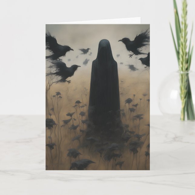Mysterious Figure in Black with Crows Halloween Card (Front)