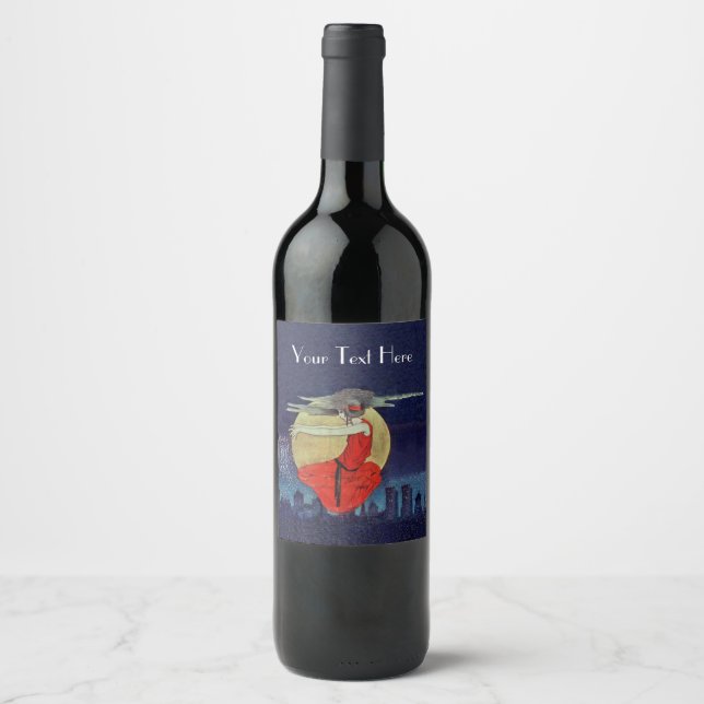 Mysterious Floating Woman City Lights Moon Blue Wine Label (Front)