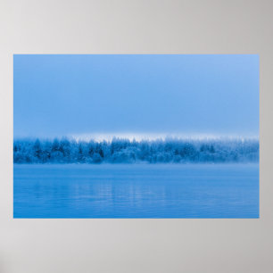 Mysterious fog over snowy lake Bohinj, Slovenia Poster