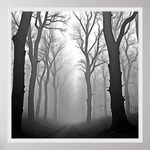 Mysterious Foggy Forest Path Poster