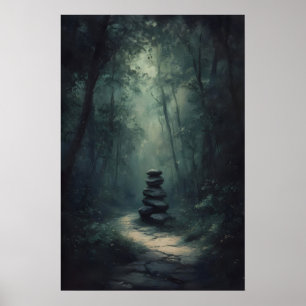 Mysterious Forest Path Dark Green Woodland Art Poster
