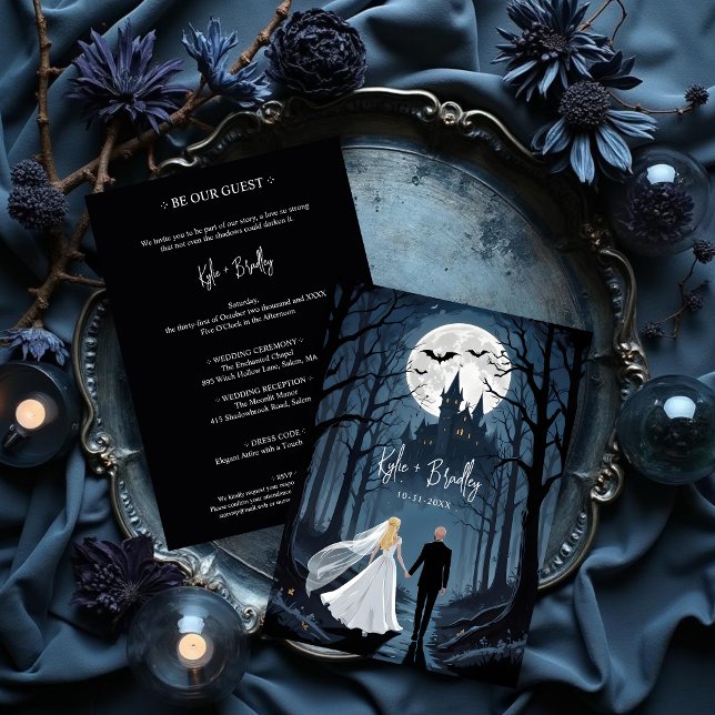 Mysterious Forest Wedding Couple Haunted Castle Invitation (Mysterious Forest Wedding Couple Haunted Castle Invitation Card Design.)