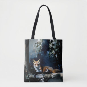 Mysterious Fox in the Woods Portrait Tote Bag