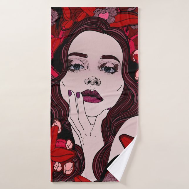 Mysterious girl surrounded by red flowersabstract, bath towel (Bath Towel)