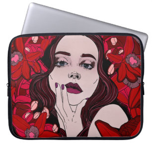Mysterious girl surrounded by red flowersabstract, laptop sleeve