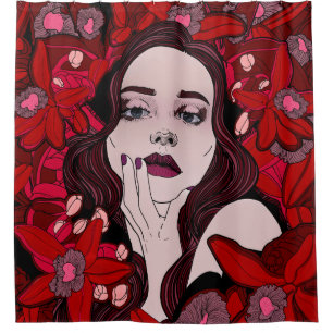 Mysterious girl surrounded by red flowersabstract, shower curtain