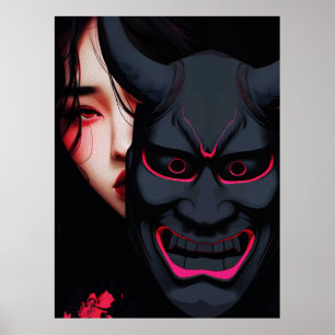 Mysterious Girl with Oni Mask Dark Japanese Horror Poster