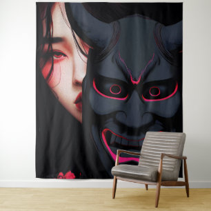 Mysterious Girl with Oni Mask Dark Japanese Horror Tapestry