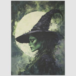 Mysterious Green Witch Full Moon Decoupage Tissue Paper