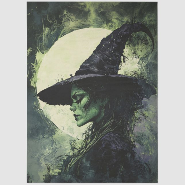 Mysterious Green Witch Full Moon Decoupage Tissue Paper (Front)
