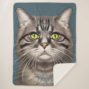 Mysterious Grey Cat Custom Name Sherpa Blanket