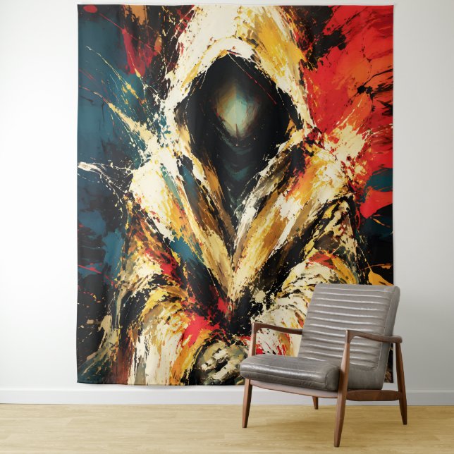 Mysterious Hooded Figure – Bold Abstract Tapestry (In Situ)