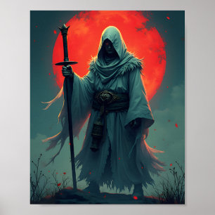 Mysterious Hooded Figure Under Blood Moon   Poster