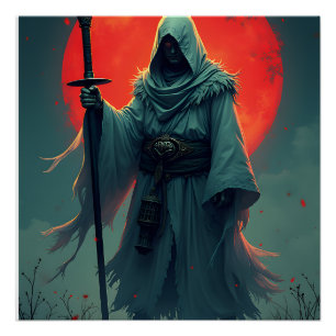 Mysterious Hooded Figure Under Blood Moon   Poster