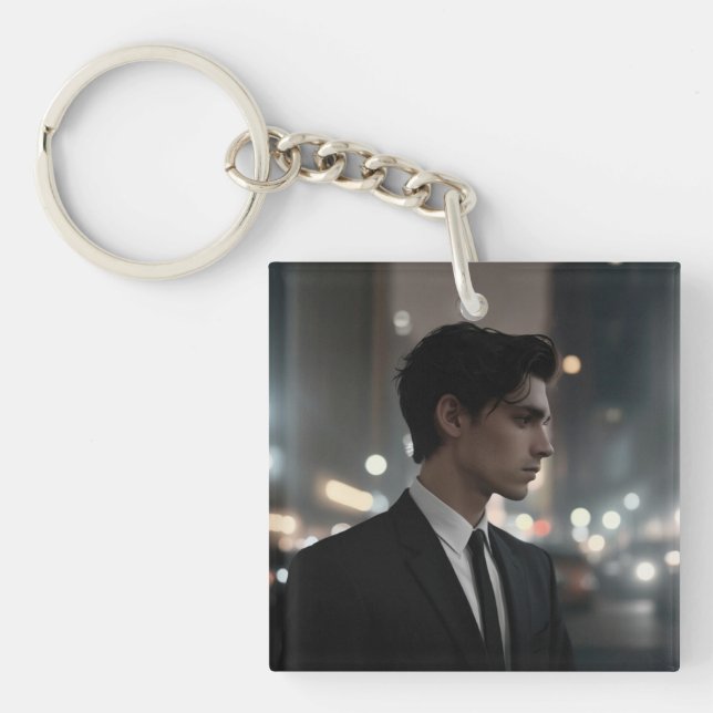 Mysterious Man in Suit at Night – Cinematic Urban  Key Ring (Front)