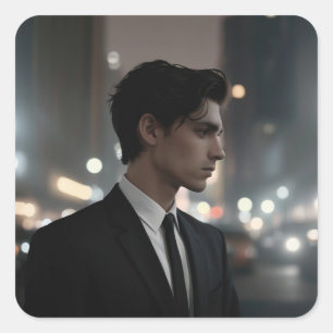 Mysterious Man in Suit at Night – Cinematic Urban  Square Sticker