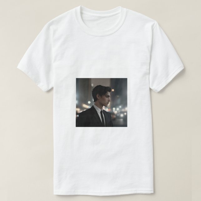Mysterious Man in Suit at Night – Cinematic Urban  T-Shirt (Design Front)