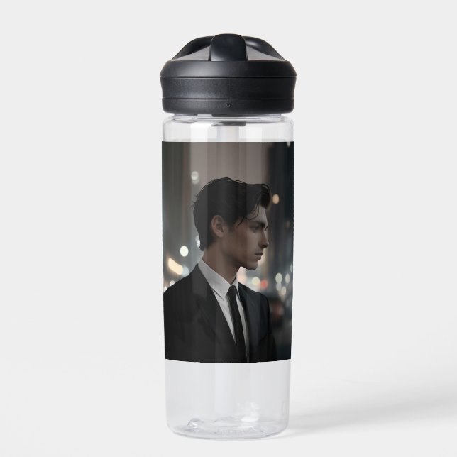 Mysterious Man in Suit at Night – Cinematic Urban  Water Bottle (Front)