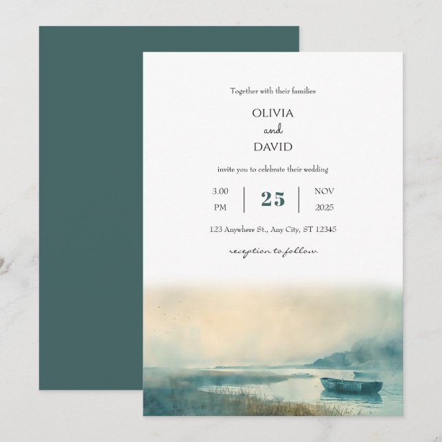Mysterious Nautical Foggy Harbour Beach Wedding  Invitation (Front/Back)