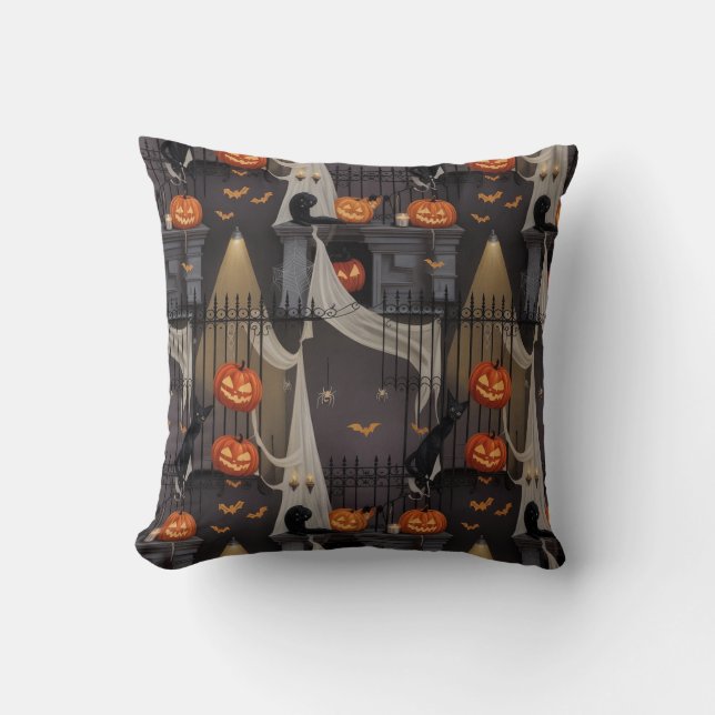 Mysterious Night Cat and Pumpkin Pattern - Hallowe Cushion (Front)