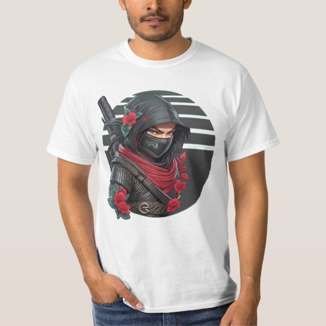 Mysterious Ninja Warrior with Sword and Red Scarf T-Shirt (Front)