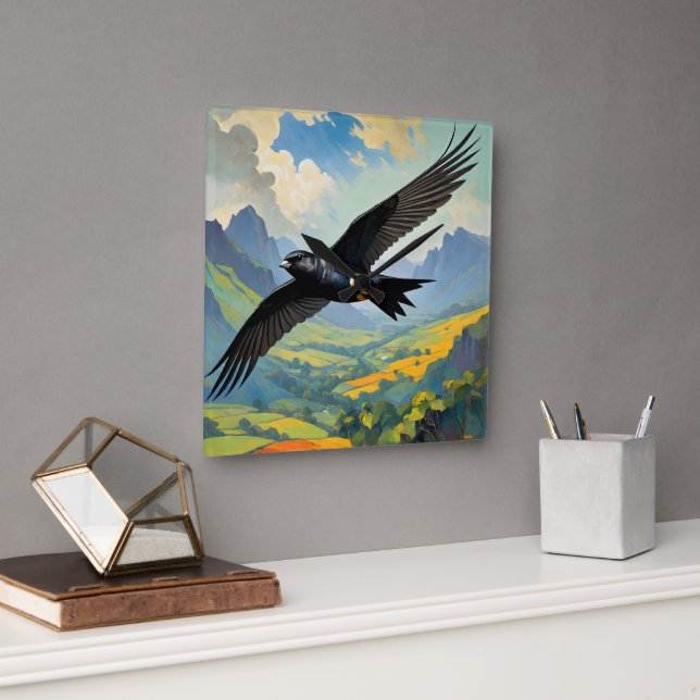 Mysterious Nomad: Colourful Swift Bird Portait  Square Wall Clock (Office)