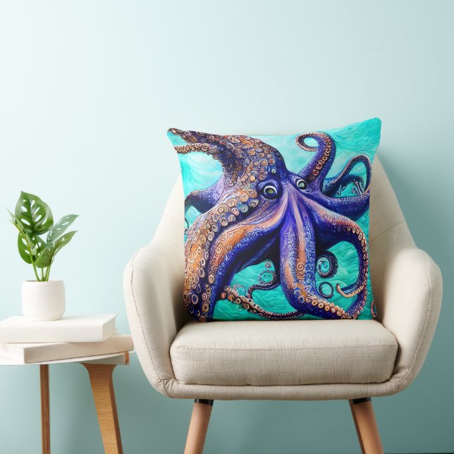 Mysterious Octopus Blue Ocean Wave Abstract Art Cushion (Chair)