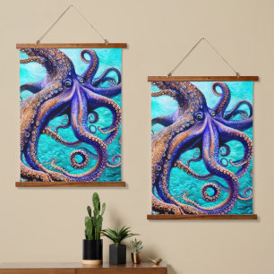 Mysterious Octopus Blue Ocean Wave Abstract Art Hanging Tapestry