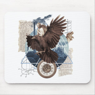 Mysterious Raven Collage – Vintage and Futuristic Mouse Mat