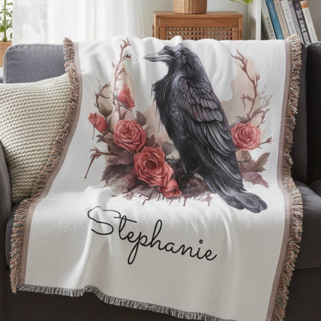 Mysterious Raven Dark Academia Throw Blanket (Gothic Raven and Roses blanket)