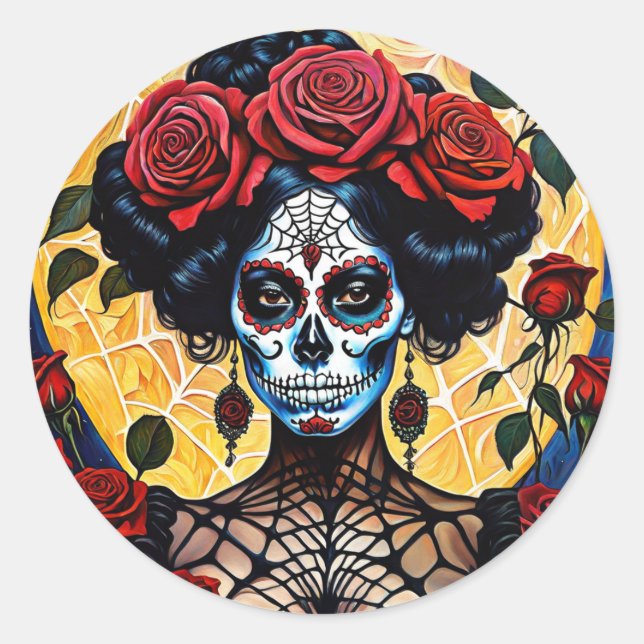 Mysterious Red Rose Sugar Skull Pin-Up Stickers (Front)