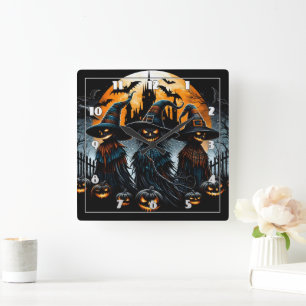 Mysterious scarecrows under a glowing moonlit sky square wall clock