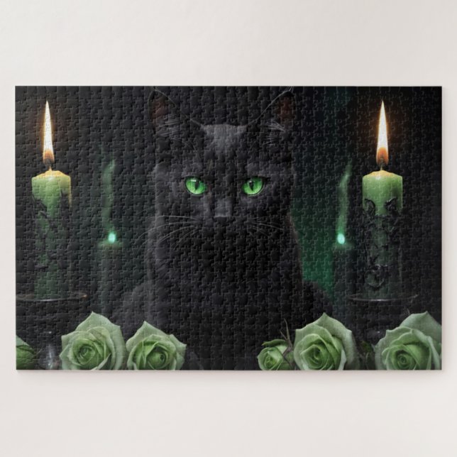 Mysterious Scary Black Cat with Green Eyes Jigsaw Puzzle (Horizontal)