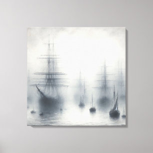 Mysterious Ships in a Foggy Harbor Canvas Print
