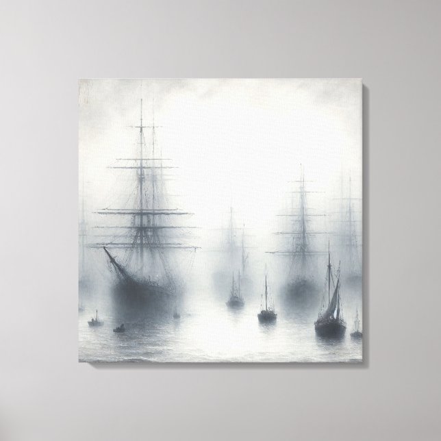 Mysterious Ships in a Foggy Harbour Canvas Print (Front)