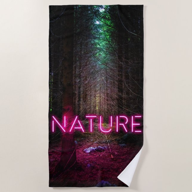 Mysterious spruce forest nature neon magenta sign beach towel (Front)