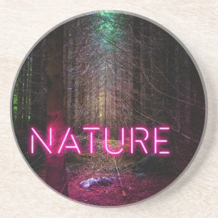 Mysterious spruce forest nature neon magenta sign coaster