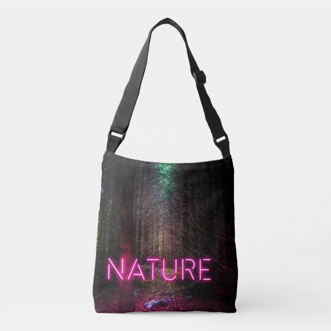 Mysterious spruce forest nature neon magenta sign crossbody bag (Front)