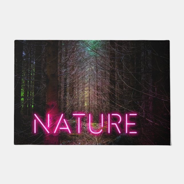 Mysterious spruce forest nature neon magenta sign doormat (Front)