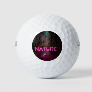 Mysterious spruce forest nature neon magenta sign golf balls